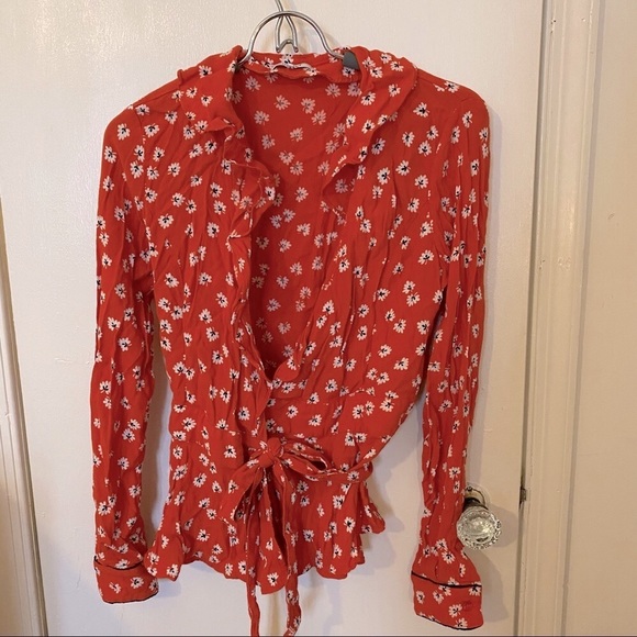 Ganni Crepe Floral Ruffled Wrap Top Sz 36 - Picture 5 of 8